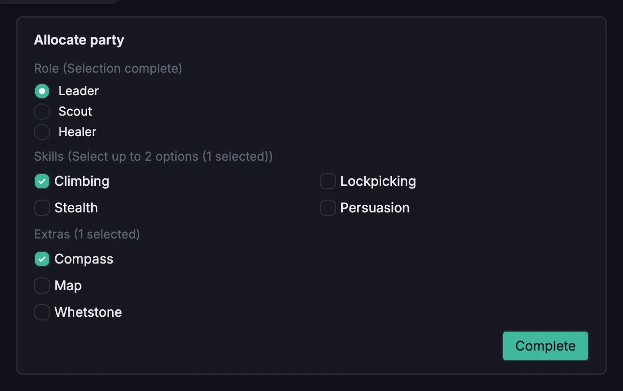 The simulator's activity panel for Allocate party: a Role group with one selection, a bounded Skills group with a running count, and the Complete button