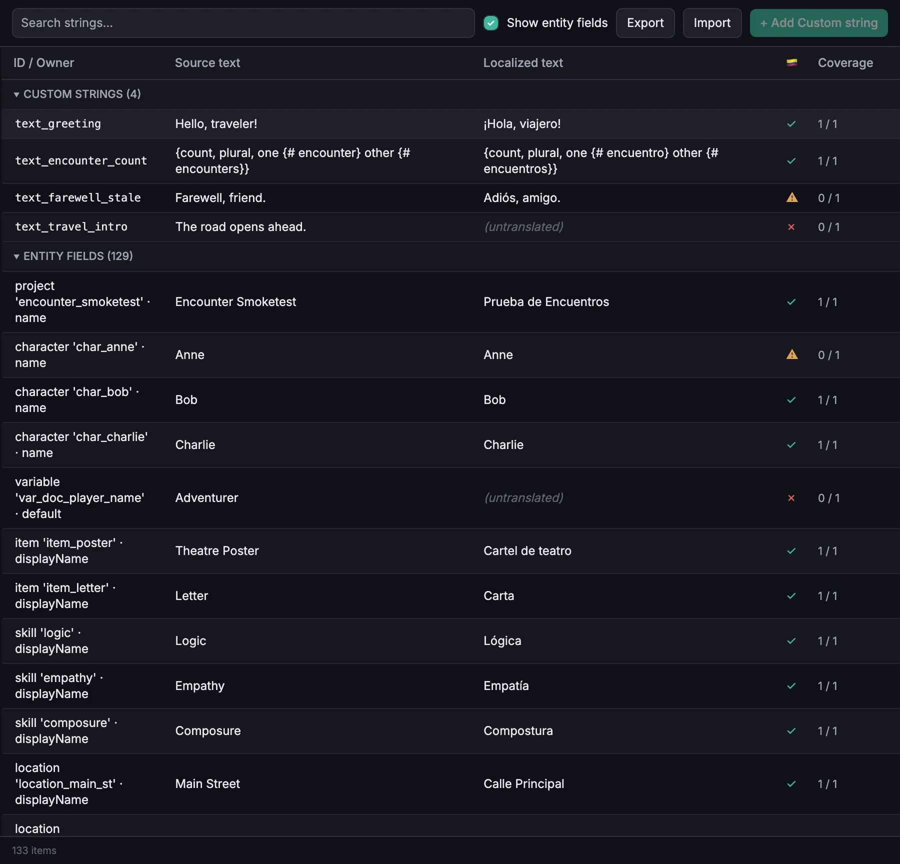 The localization table with per-string coverage, stale and needs-review badges, and a translation inspector