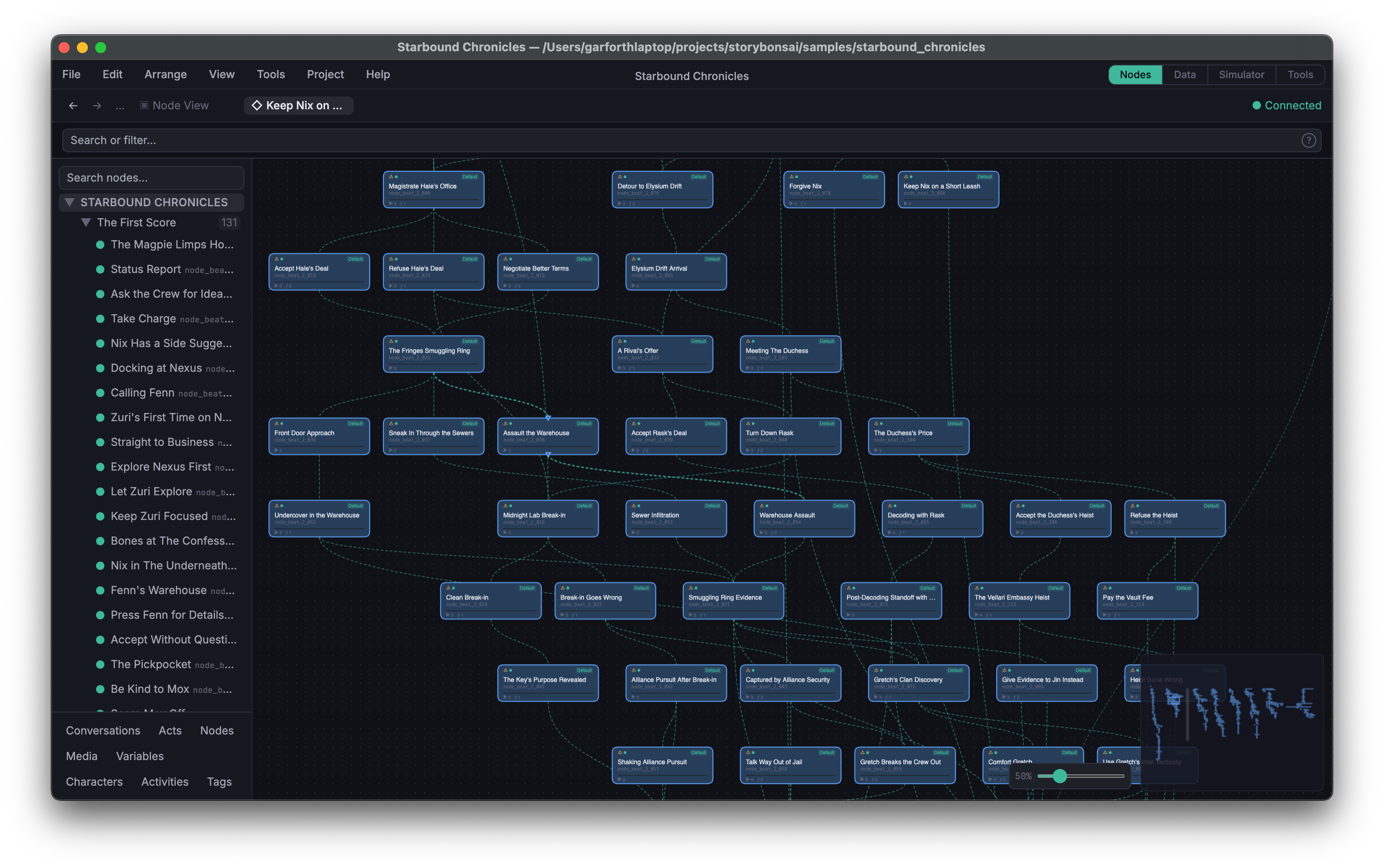 The StoryBonsai node graph editor showing a branching conversation