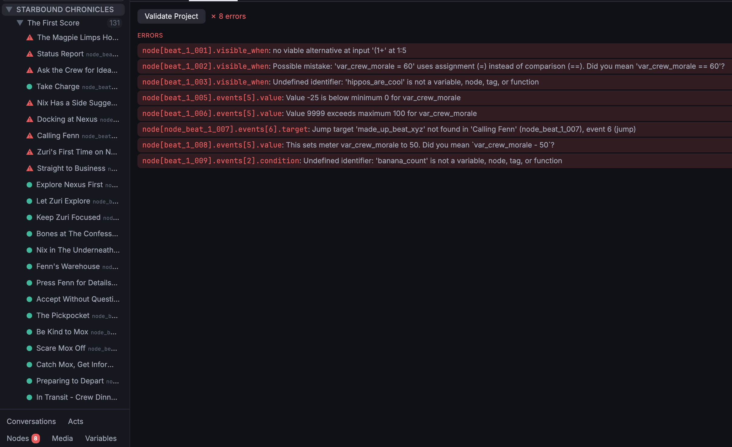 The Project Validator panel listing errors across the project