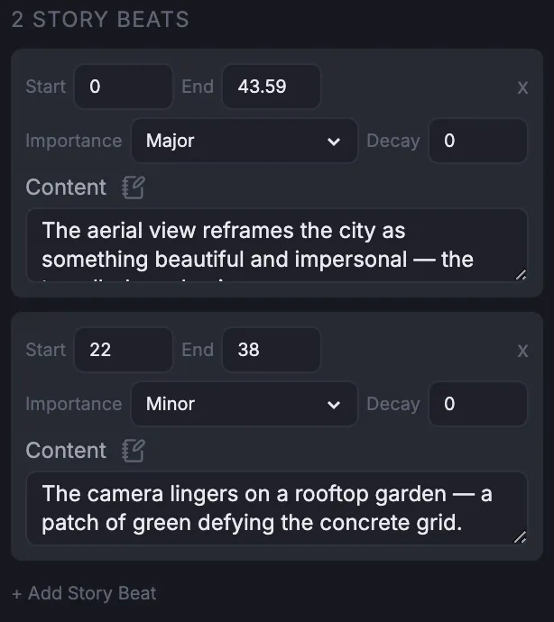 The story-beats editor panel listing beats with importance and decay values