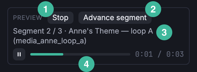 Audio cue Preview row mid-playback: Stop and Advance segment on the buttons row, the status line, and a pause / scrubber / time readout below.