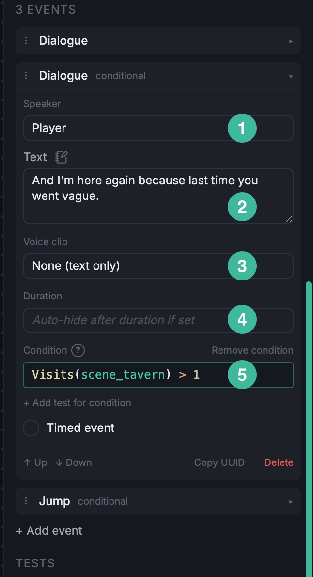The dialogue event composer with Speaker, Text, Voice clip, Duration, and Condition.
