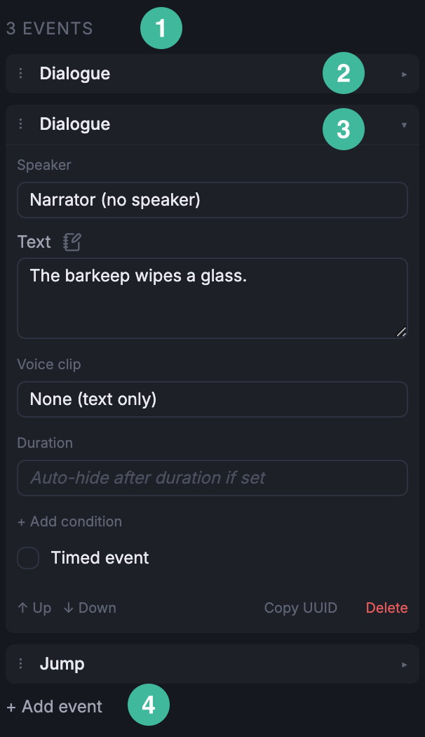A node's Inspector with several events stacked, one expanded.