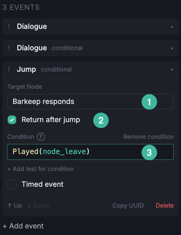 The Jump event composer with Target Node and Return after jump.