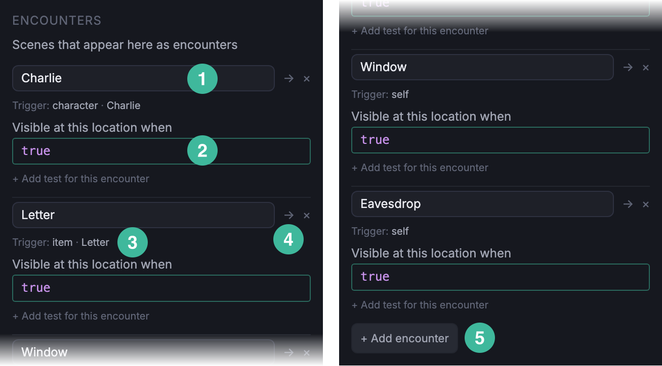 Side Street's Encounters section listing four scenes. Callouts on the first row mark the Scene picker and the Visible-at-this-location-when value; callouts on the second row mark the Trigger badge and the jump-to-scene button; a fifth callout marks the Add encounter button at the bottom.