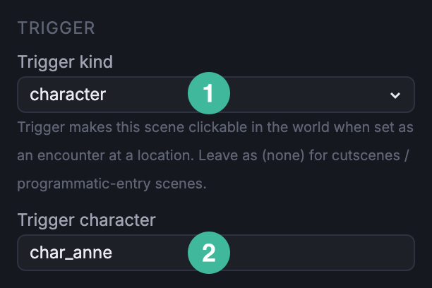 Scene inspector for Anne, cropped to the Trigger section. Callouts on the Trigger kind dropdown and the Trigger character picker.