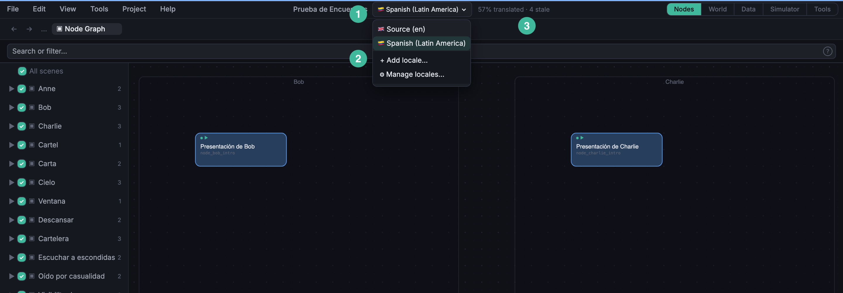 Locale switcher dropdown open in the menu bar showing the trigger label, the source locale row, one target locale row, and Add locale / Manage locales options at the bottom.