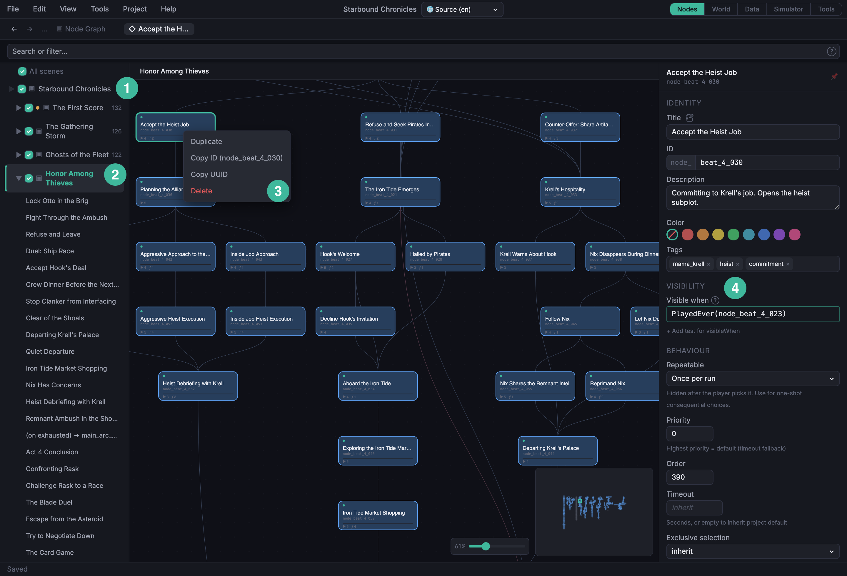 Node Graph at the Detail zoom level, with a node selected and the node context menu open beside it. The Sidebar and Inspector are visible on the left and right of the graph.