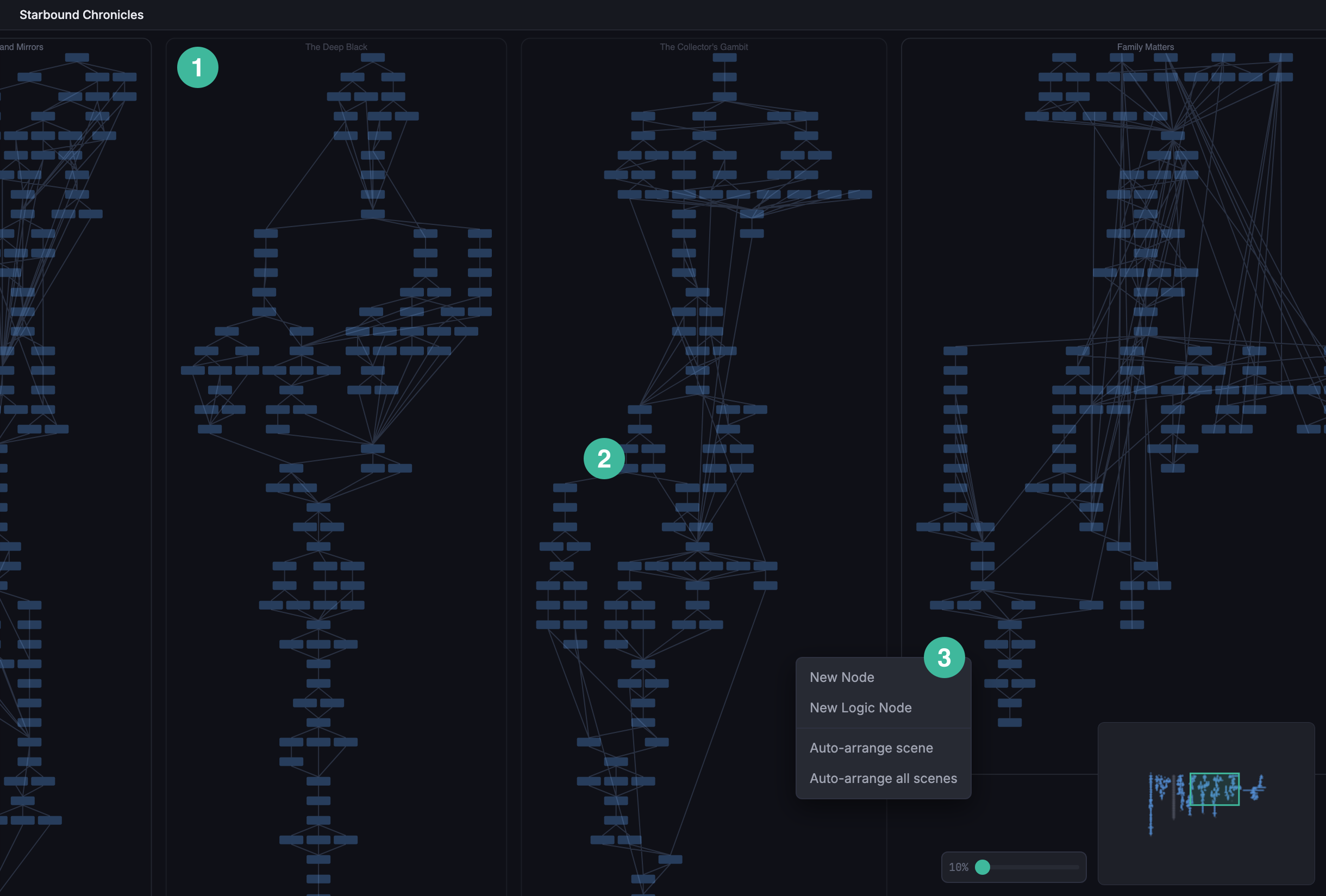 Node Graph at the Overview zoom level, with the empty-area context menu open over a clear pocket of the graph. Scenes show as containers, nodes as flat tiles.