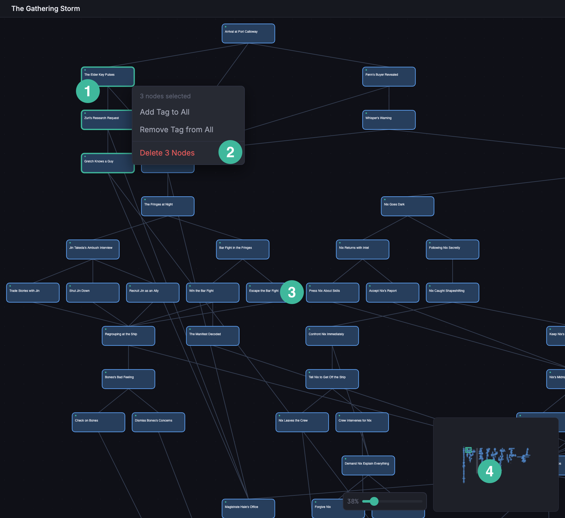 Node Graph at the Summary zoom level, with three nodes selected and the bulk context menu open. Cards collapse to compact bars at this zoom.