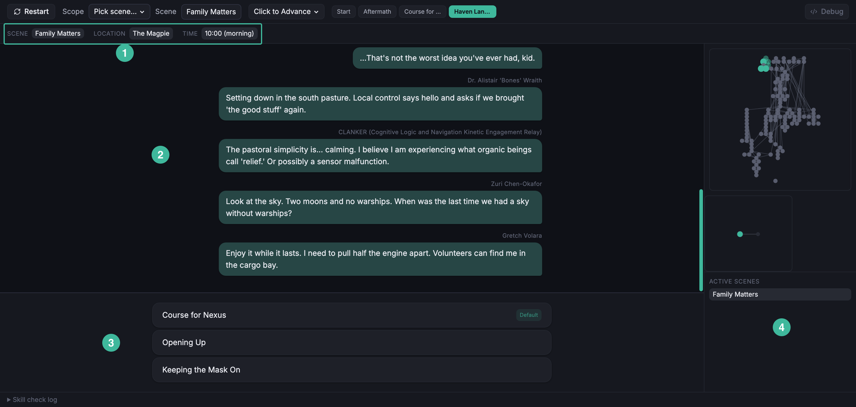 Simulator in full mode showing the Context strip across the top, the Dialogue area in the left middle, the Choice panel below it, and the State panel in the right column.