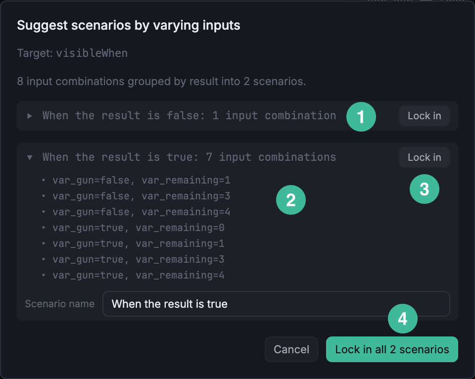 Suggest scenarios after Generate: two outcome buckets with cell counts, the "true" group expanded to show its combinations.