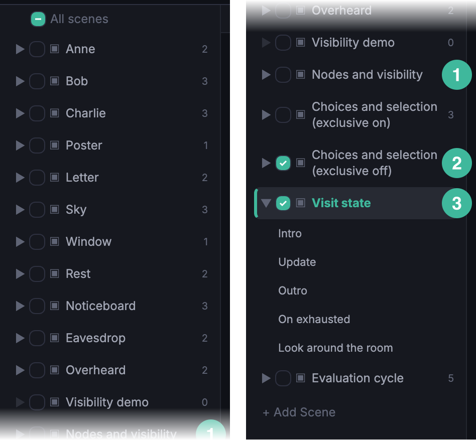 Scenes sidebar showing three scene states: (1) a row with visibility off, (2) a row with visibility on, (3) a row with visibility on and active