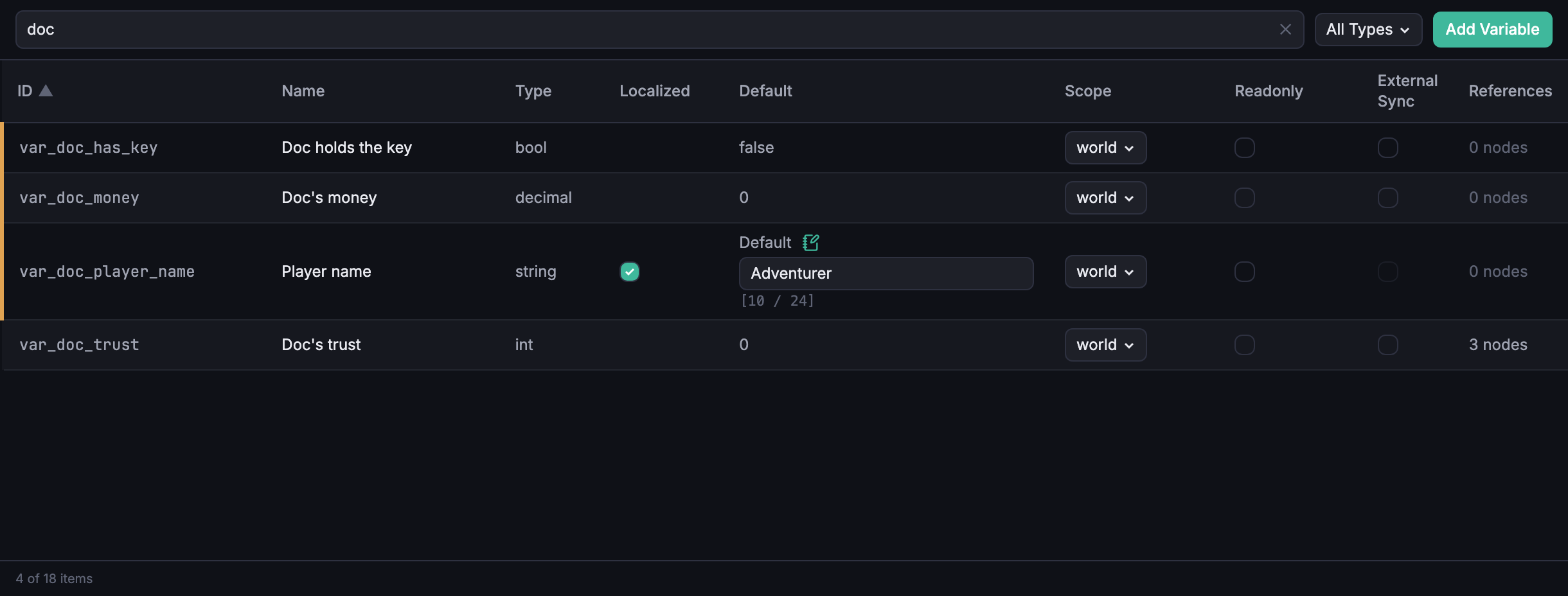 Variables data view filtered to four doc-only variables, one per type, with the Type column showing bool, decimal, string, and int