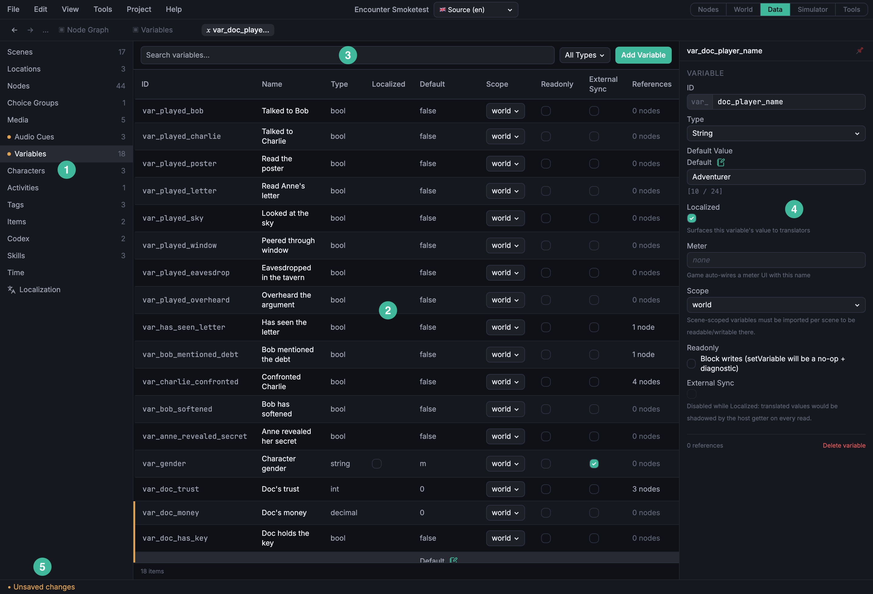 Data mode, with the entity-type tabs down the left sidebar, the sortable data table for the selected type filling the center, the Filter and search box above it, the Inspector on the right, and the Status bar across the bottom.