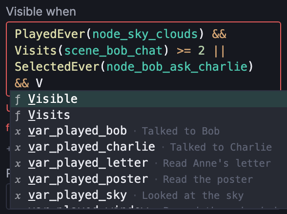 The Visibility field on a scene inspector. After typing &&, the autocomplete dropdown lists matching functions (Visits, Visible) and matching variables alongside each other