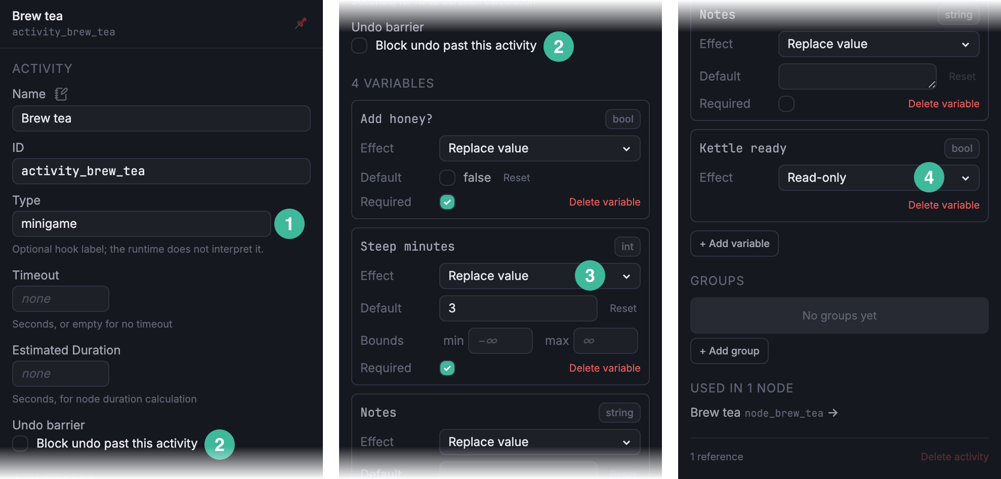 Activity inspector for Brew tea with numbered callouts on the Type field, the Undo barrier checkbox, the Effect selector on the Steep minutes row, and the read-only Kettle ready row.