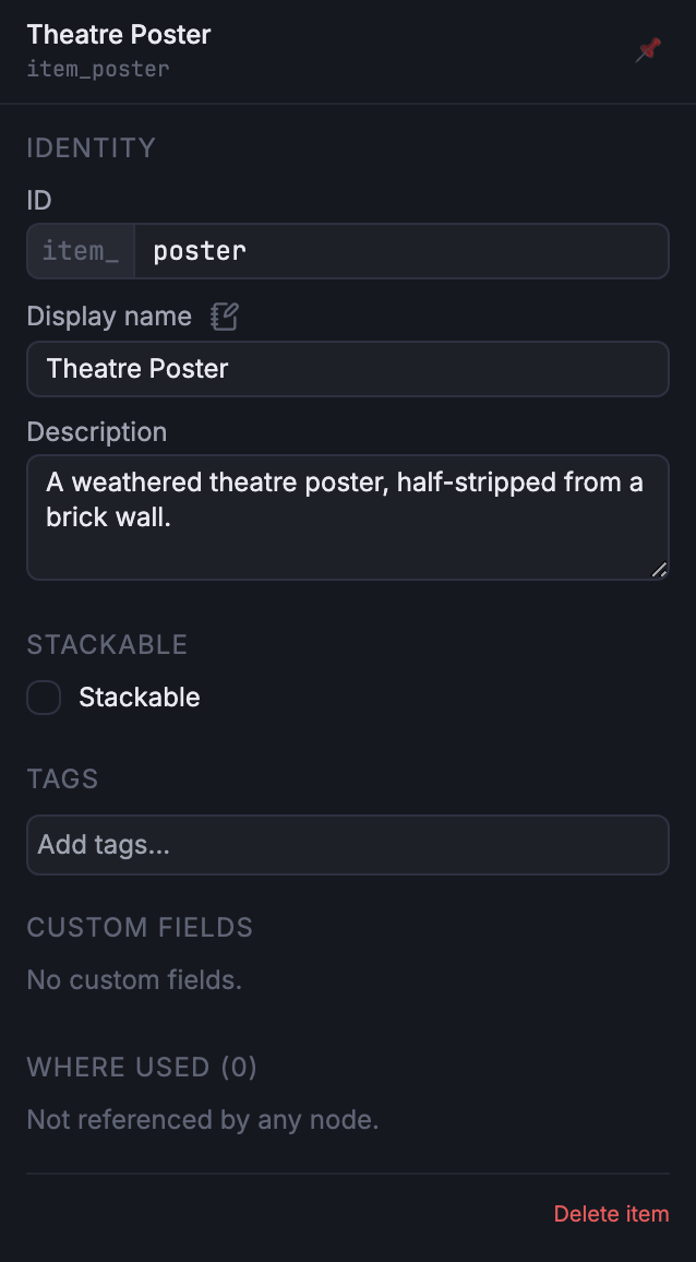 Item inspector for Theatre Poster with Identity, Stackable, Tags, Custom fields, and Where-used sections.