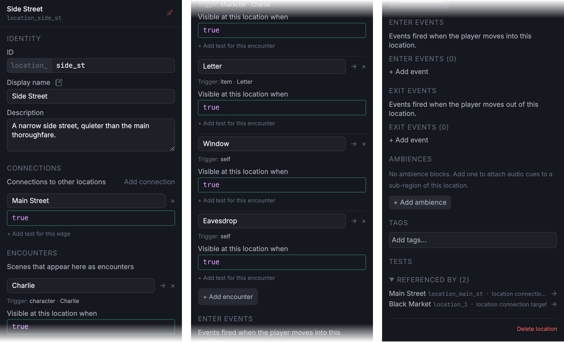 Location inspector for Side Street showing the display name with its translator note, one Main Street connection, and four encounters.