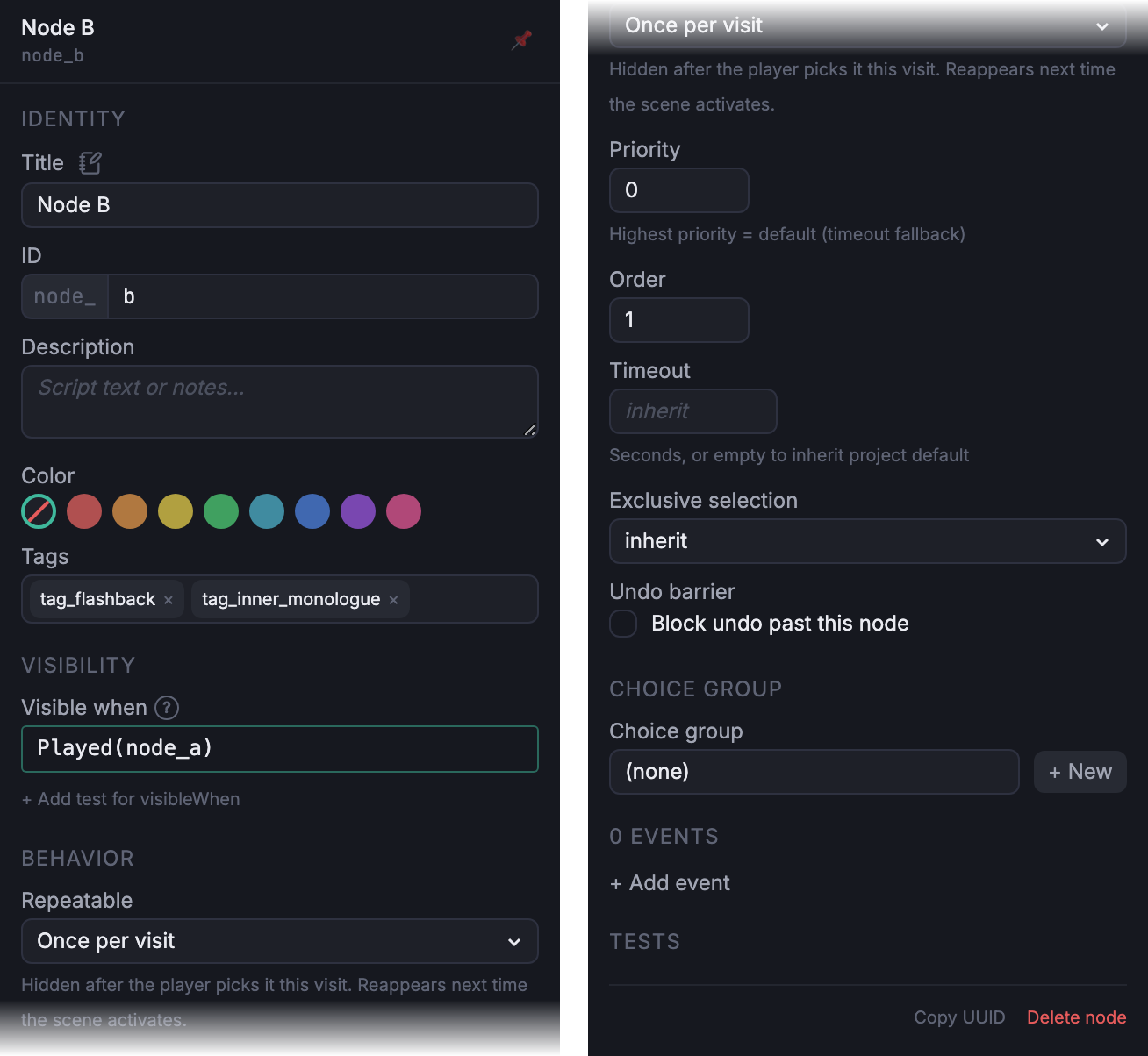 Node inspector for Node B, posed on the Node Graph with the node selected, showing the Identity, Visibility, Behavior, Choice group, Events, and Tests sections.