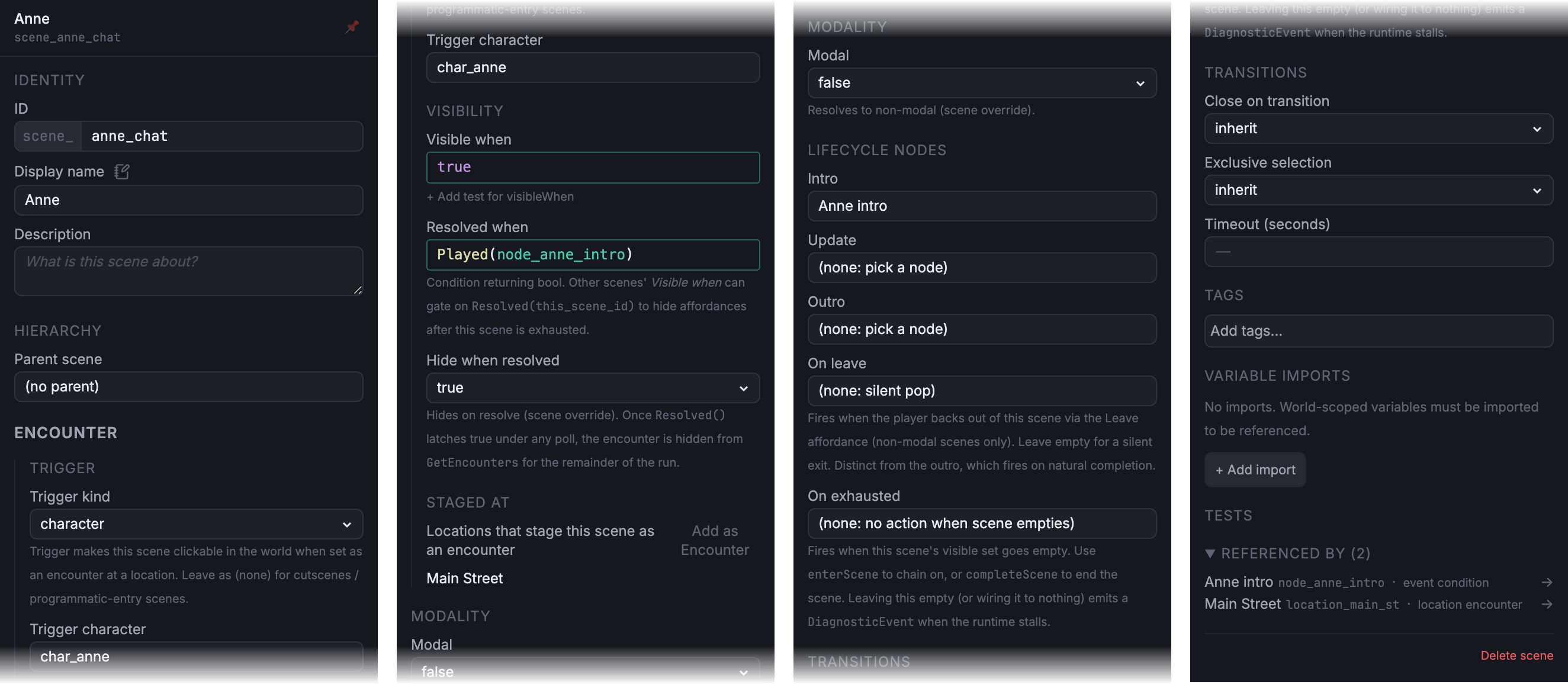 Scene inspector for scene_anne_chat, showing identity, hierarchy, trigger, modality, resolved-when, lifecycle, and transition fields populated.