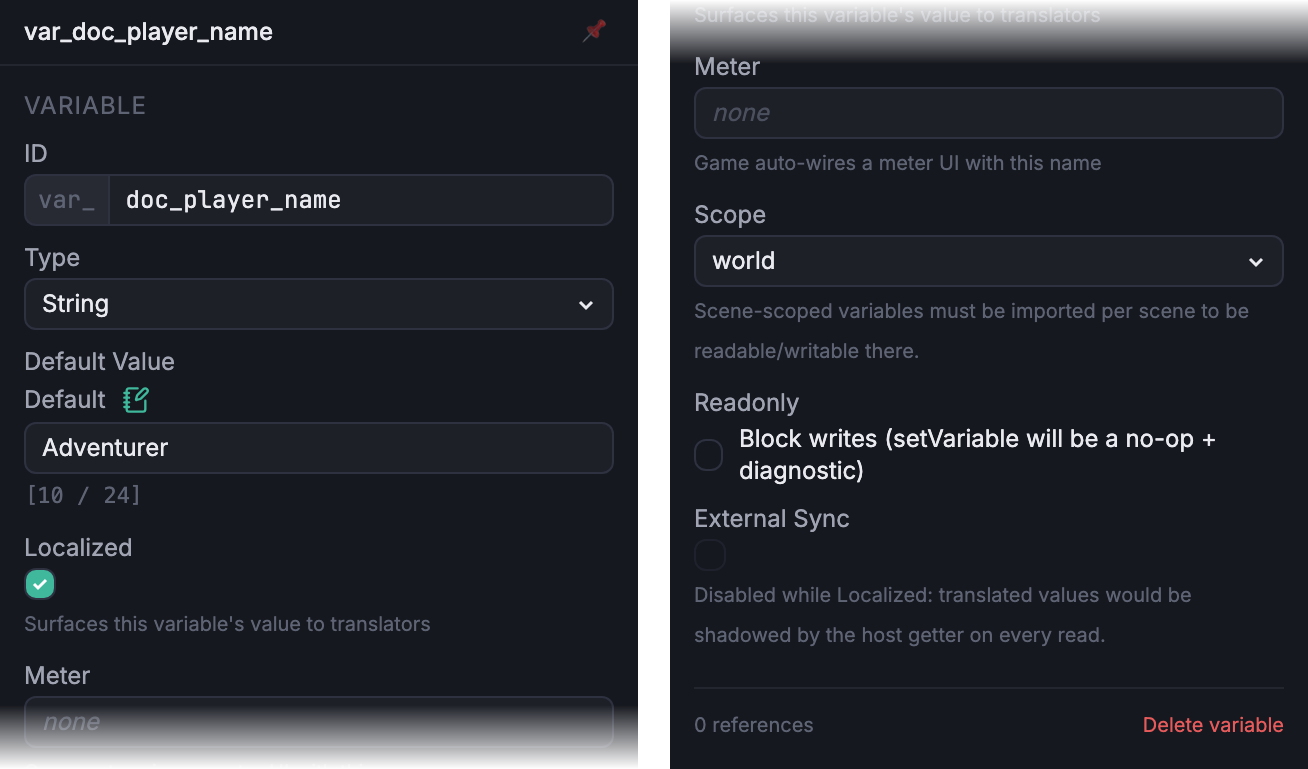 Variable inspector for var_doc_player_name, a string-typed world variable with localized features set, showing default value, type, scope, and the translator notes block.