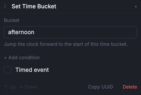 The Set Bucket event composer, expanded in the Node inspector.