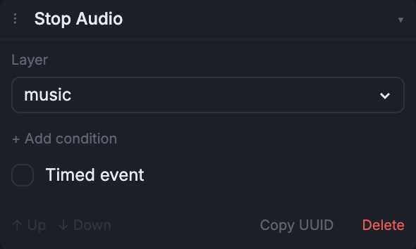 The Stop Audio event composer, expanded in the Node inspector.